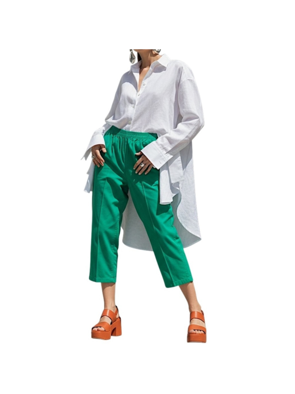 Vintage 70s 80s pure cotton Kelly green straight leg cropped pull on trousers S - Picture 3 of 10